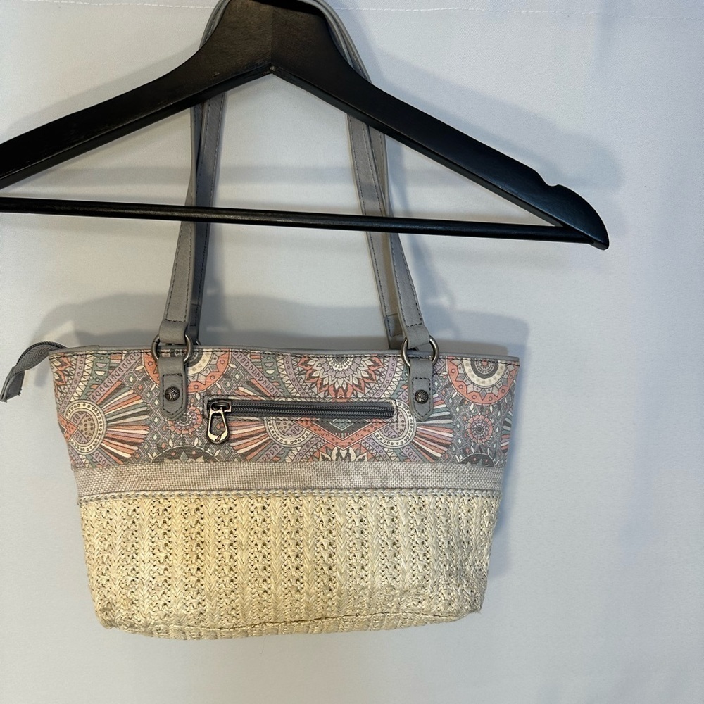 The Sak Sakroots Ellis Satchel Hobo Tan Gray Straw Leather Shoulder HandBag Tote - Picture 13 of 13